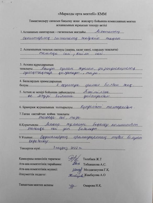Тамақтандыру сапасын тексеру актісі