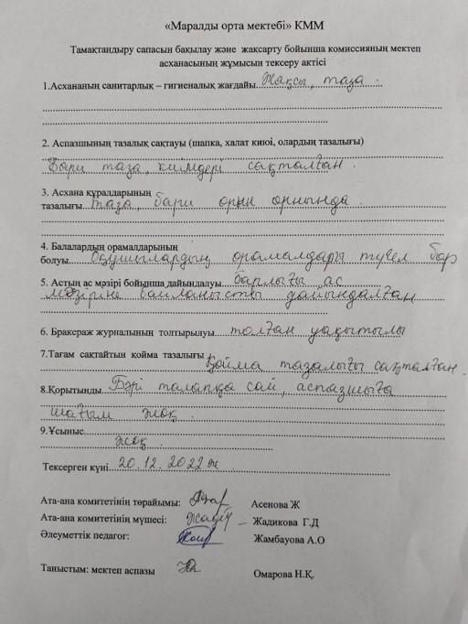 Тамақтандыру сапасын тексеру актісі
