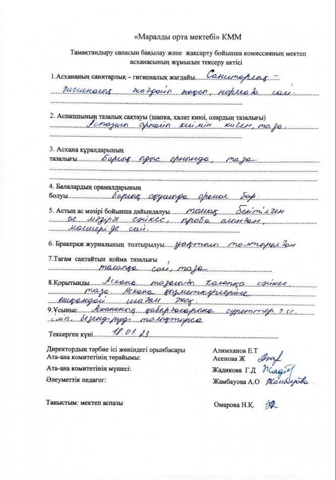 Тамақтандыру сапасын тексеру актісі