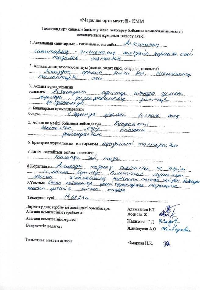 Тамақтандыру сапасын тексеру актісі